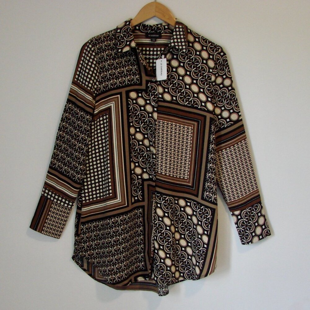 Tunic Blouse Oversized Black Brown Cream Geometric Office BRAND NEW NWT Small